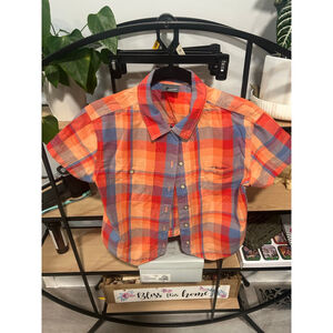 Women's Lizwear Petite Plaid Button Down Shirt in Orange and Blue